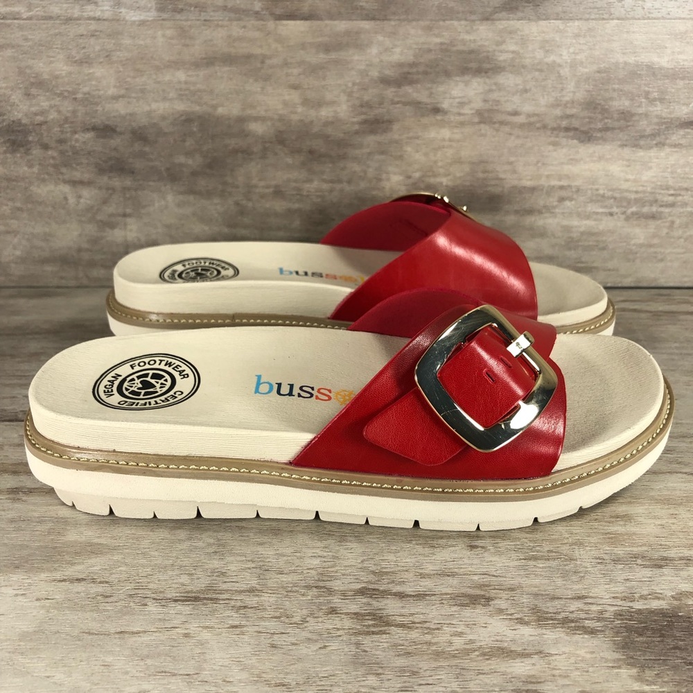 NEW Bussola Pinoye Sandal Certified Vegan Red with Gold Buckle Women 7.5, 8.5, 9 - Picture 2 of 13